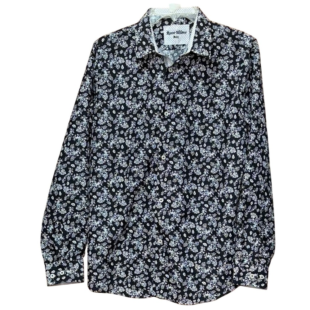 Rosso Milano Italy Mens Button Down Shirt Black White Floral Print Long Sleeve S